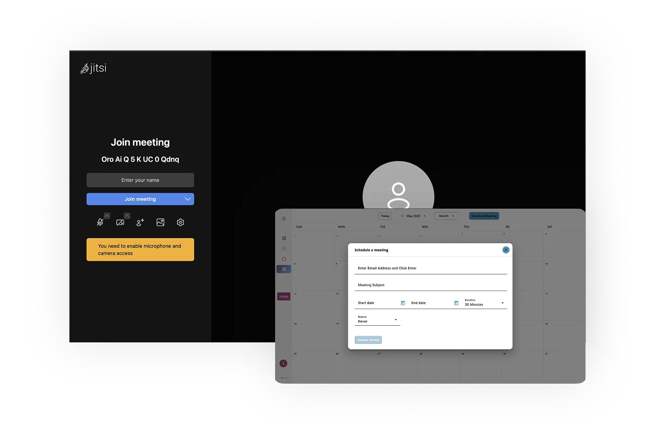 Join meeting interface of ORO AI's scheduling tool, featuring a calendar view and prompts for entering meeting details, emphasizing AI-powered meeting management features.